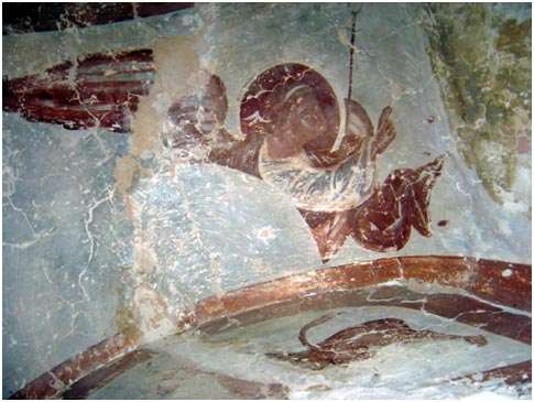 Ангел летящий. Фрагмент фрески из церкви Успения Божией Матери в Мелетово. 1465 г.
