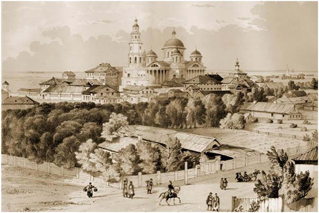 Так до революции выглядел Казанский Богородицкий монастырь, где построила подземную часовню великая княгиня. Репродукция картины Э.Турнерелли, начало XIX века. Фото: commons.wikimedia.org