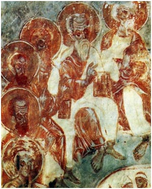 Сошествие Святого Духа на апостолов. Фреска собора Рождества Богородицы Снетогорского монастыря 1313 г. Деталь.