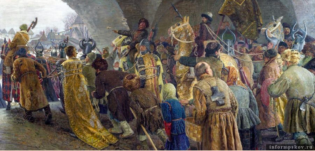 Картина Г. Горелова "Ведут псов-рыцарей во Псков" из собрания Иркутского художественного музея.